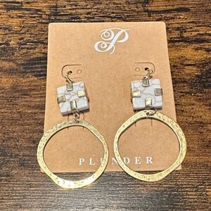 Plunder Gold and White Mosaic Hoop Dangle Earrings